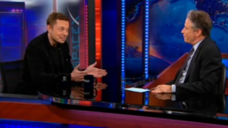 SpaceX CEO Elon Musk talks space with TV comedian Jon Stewart on Comedy Central&#039;s &quot;The Daily Show&quot; on April 10, 2012.