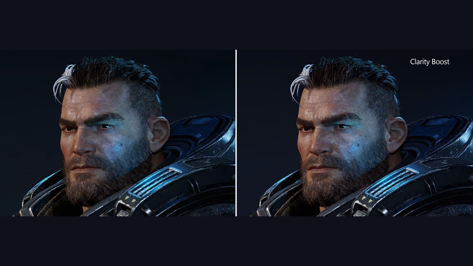 A Gears of War character model comparison that shows why users whould use Clarity boost for Xbox Cloud Gaming