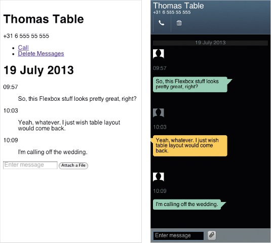 Left: our app devoid of UI styles. Before doing any layout, it's crucial to start with properly structured content. Right: here, we've added all of our basic UI styles