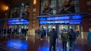 The exterior of Nationwide Arena, lit up by SNA Displays.