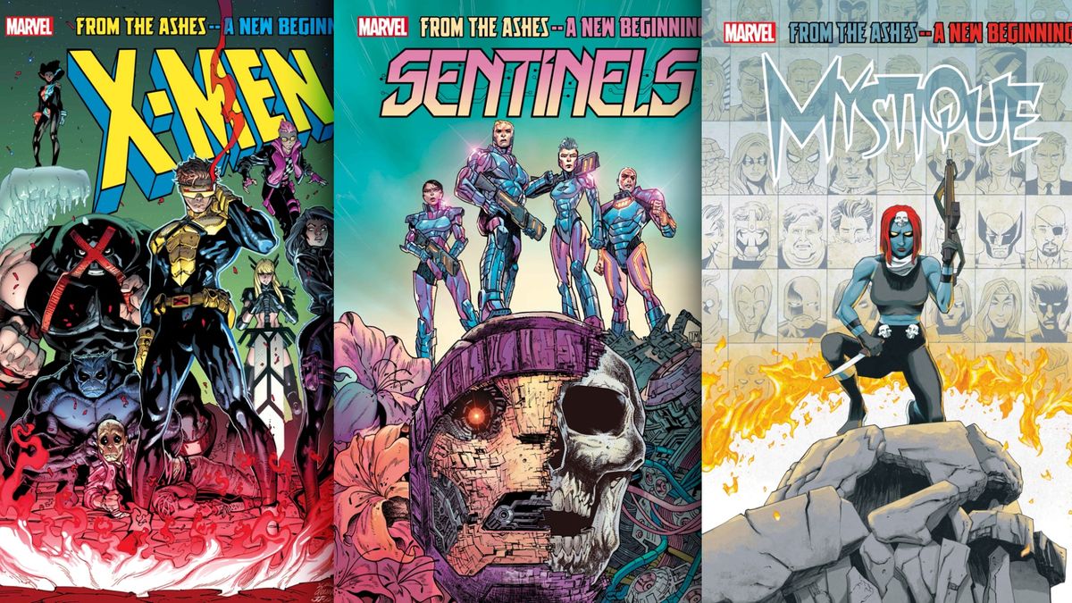 Covers for X-Men #1, Sentinels #1, and Mystique #1