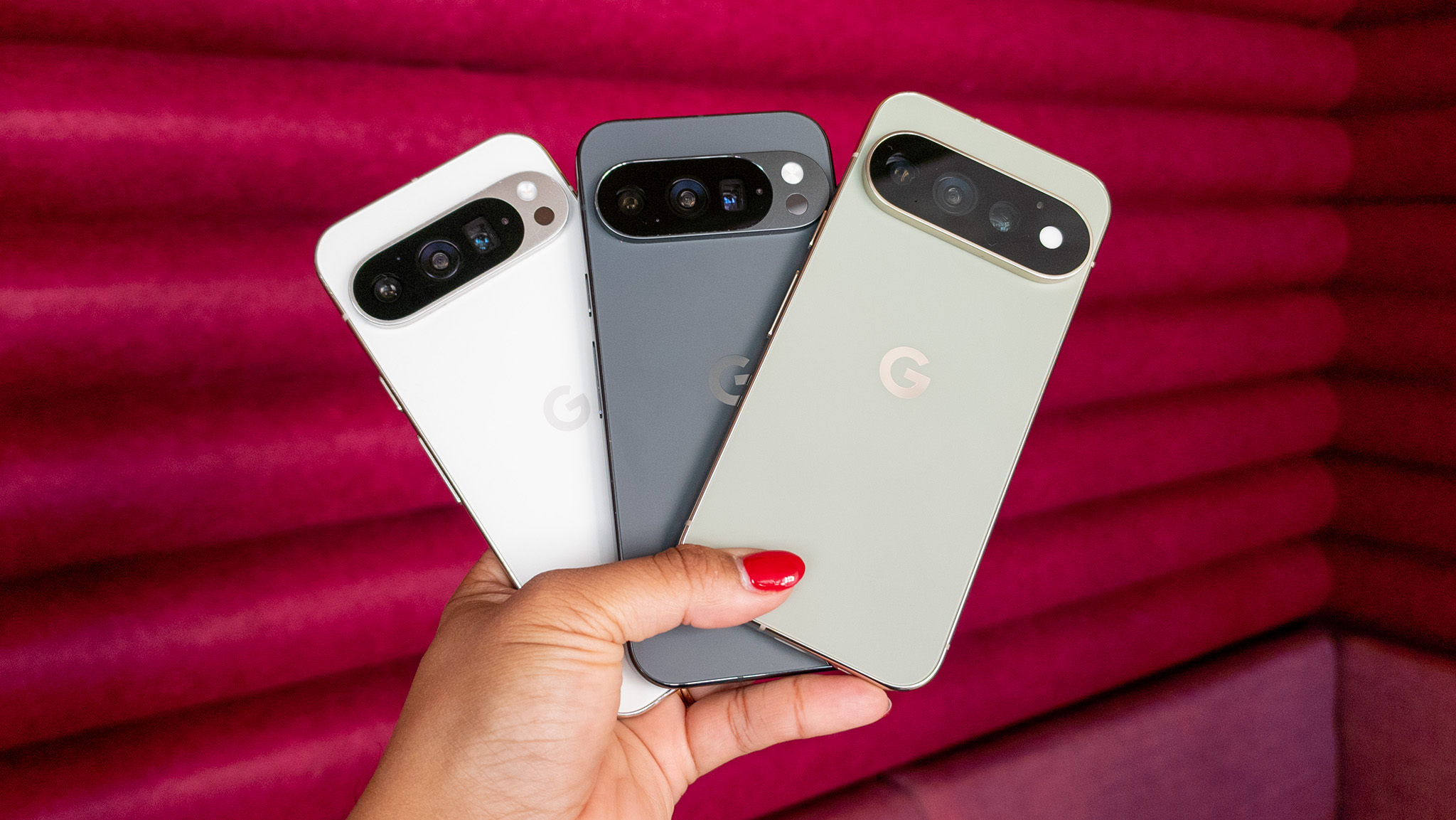 Comparing the Google Pixel 9 Pro (white) with the Pixel 10 Pro (grey) and the Pixel 11 Pro (green)