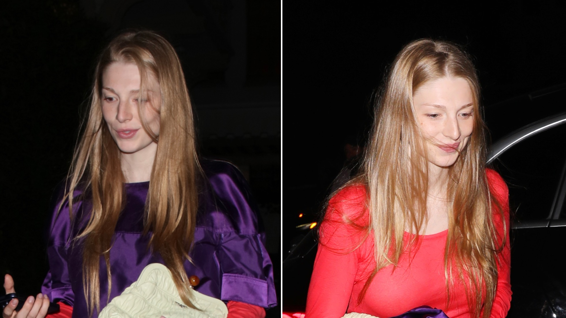 Hunter Schafer wears the Fall 2026 color combination, purple and red, for a night out at Chateau Marmont in Los Angeles