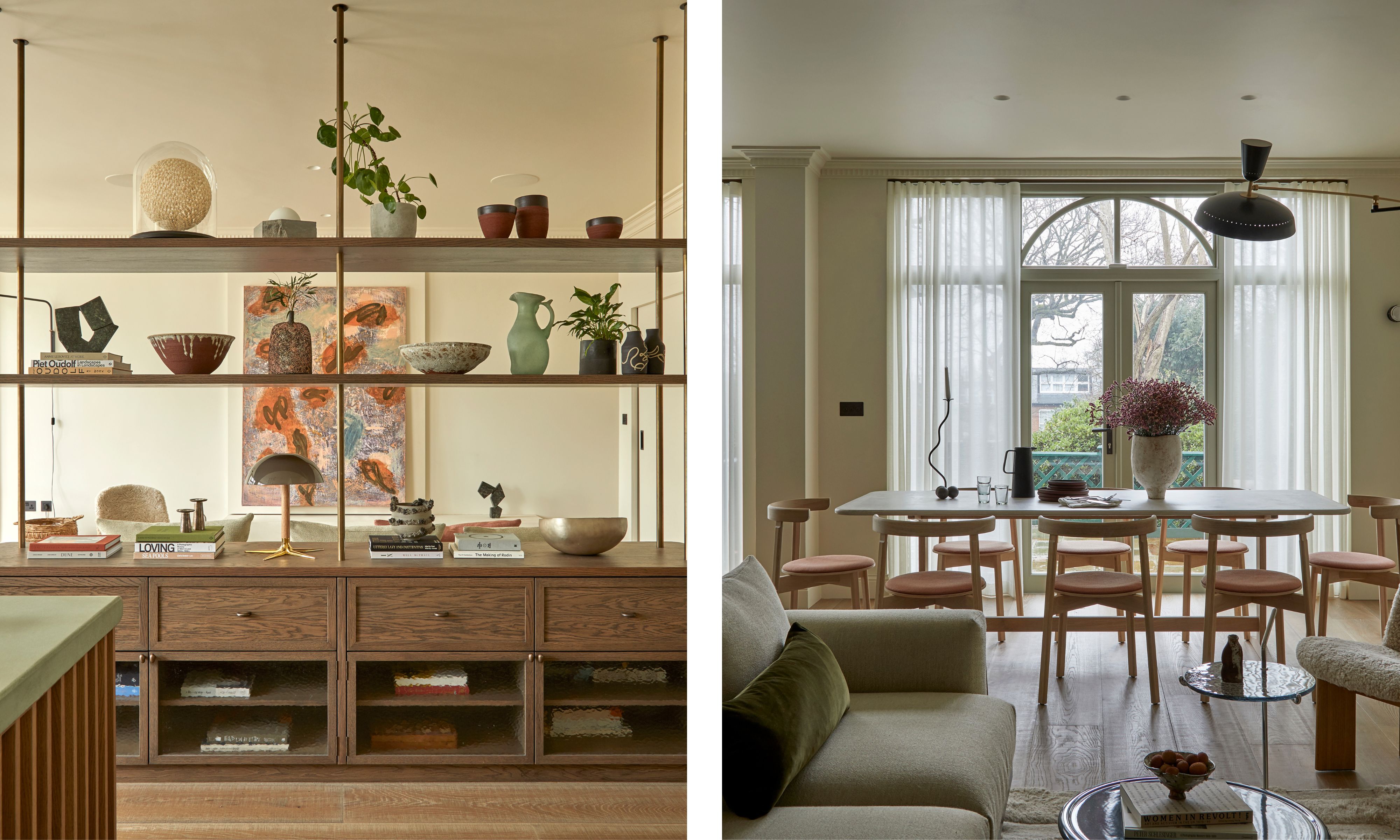two shots next to each other throwing wood joinery with a dining and TV area behind it