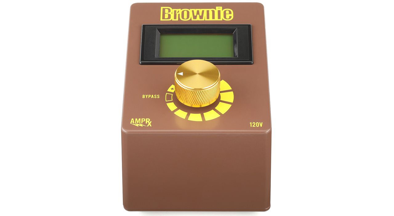AmpRx Brownie &ndash; a brown unit with a gold dial, LED display, and yellow text