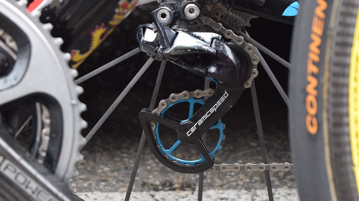 AG2R La Mondiale's rear derailleurs are equipped with CeramicSpeed's OSPW system with custom coloured jockey wheels for the French team