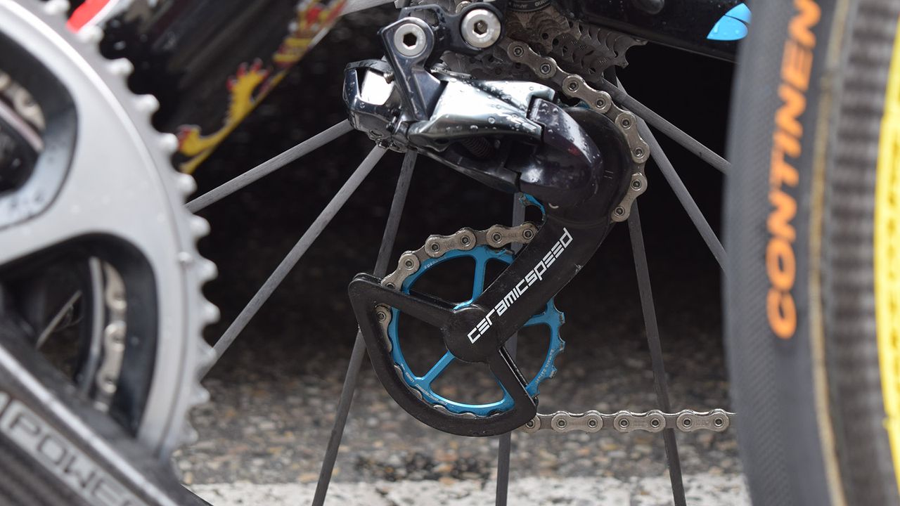 AG2R La Mondiale's rear derailleurs are equipped with CeramicSpeed's OSPW system with custom coloured jockey wheels for the French team
