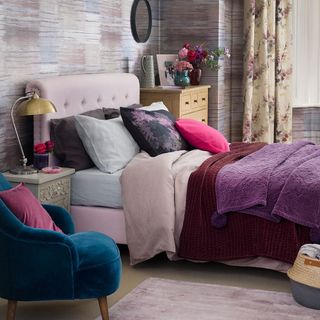 bedroom with mixed purple tones