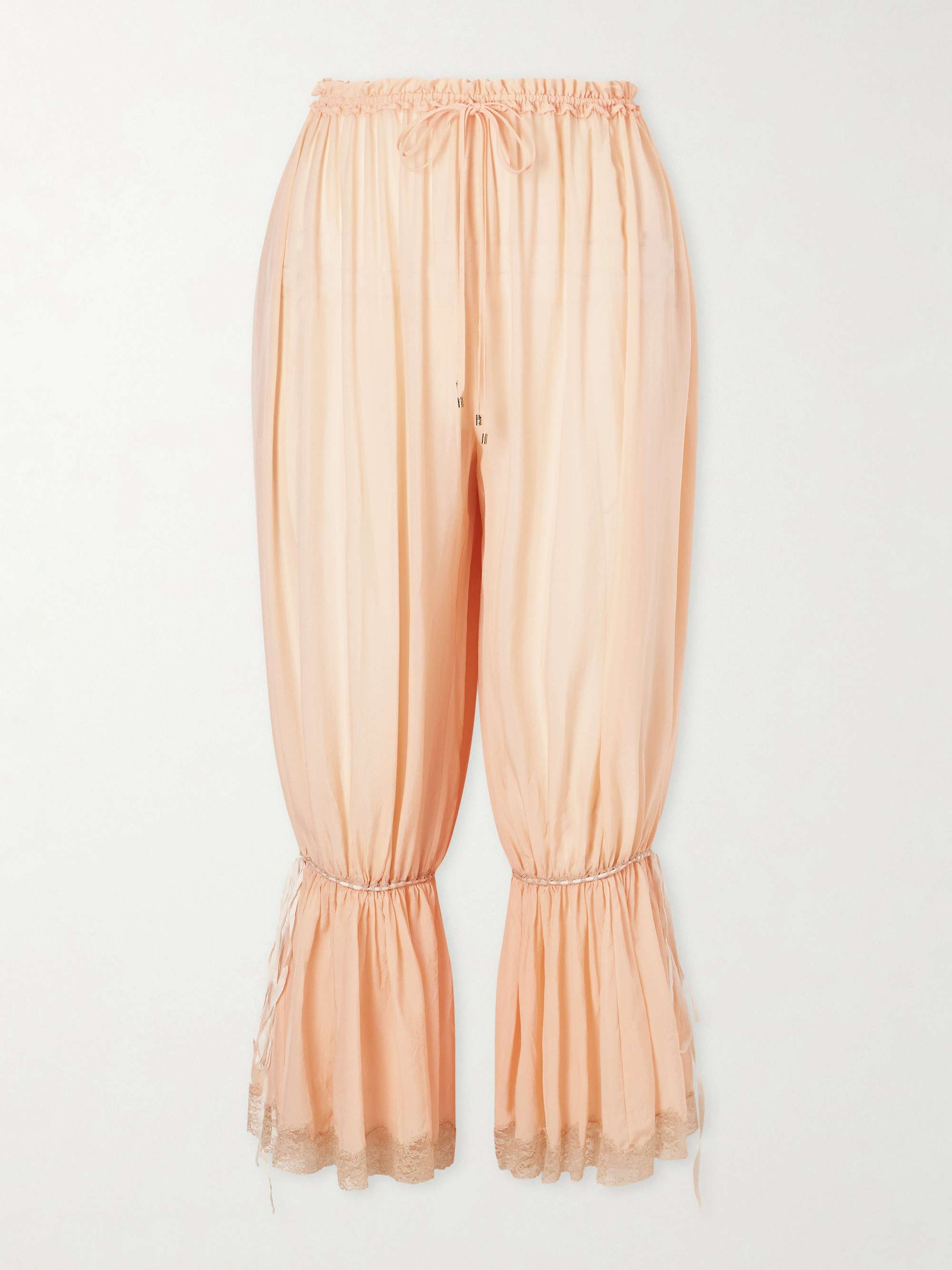 Ruffled Pleated Lace-Trimmed Silk-Charmeuse Balloon Pants
