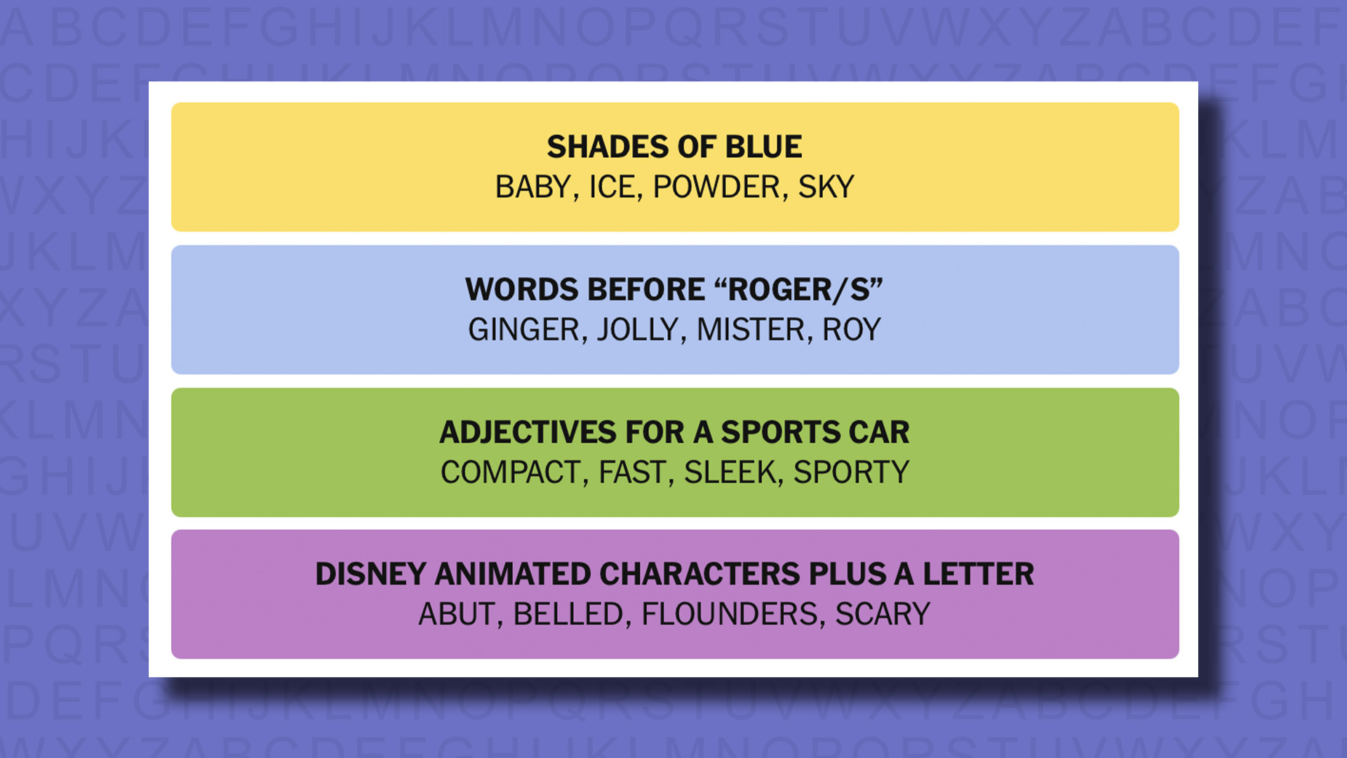 NYT Connections answers for game 764 on a purple background