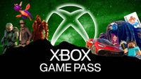 The Xbox logo coming up over a mountain with several characters around it. The words, "Xbox Game Pass" are below the Xbox logo.