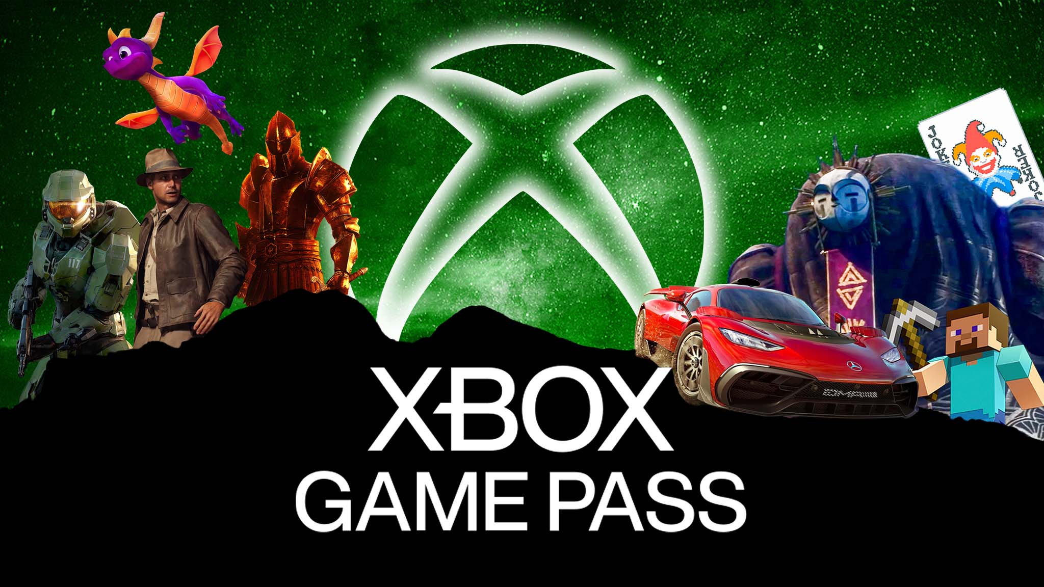 The Xbox logo coming up over a mountain with several characters around it. The words, "Xbox Game Pass" are below the Xbox logo.