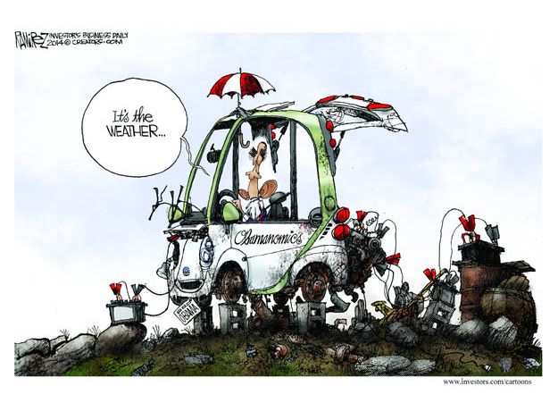 Political cartoon Obama economy weather