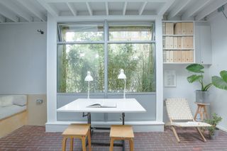 triangle house and its open space, large windows and courtyard with planting all designed by brown urbanism