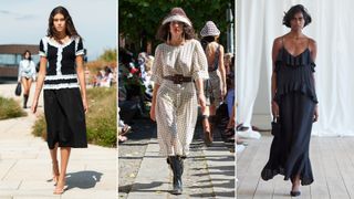 a collage of three models wearing easy day dresses at OperaSport, Caro Editions, and Skall Studio Copenhagen Fashion Week runways