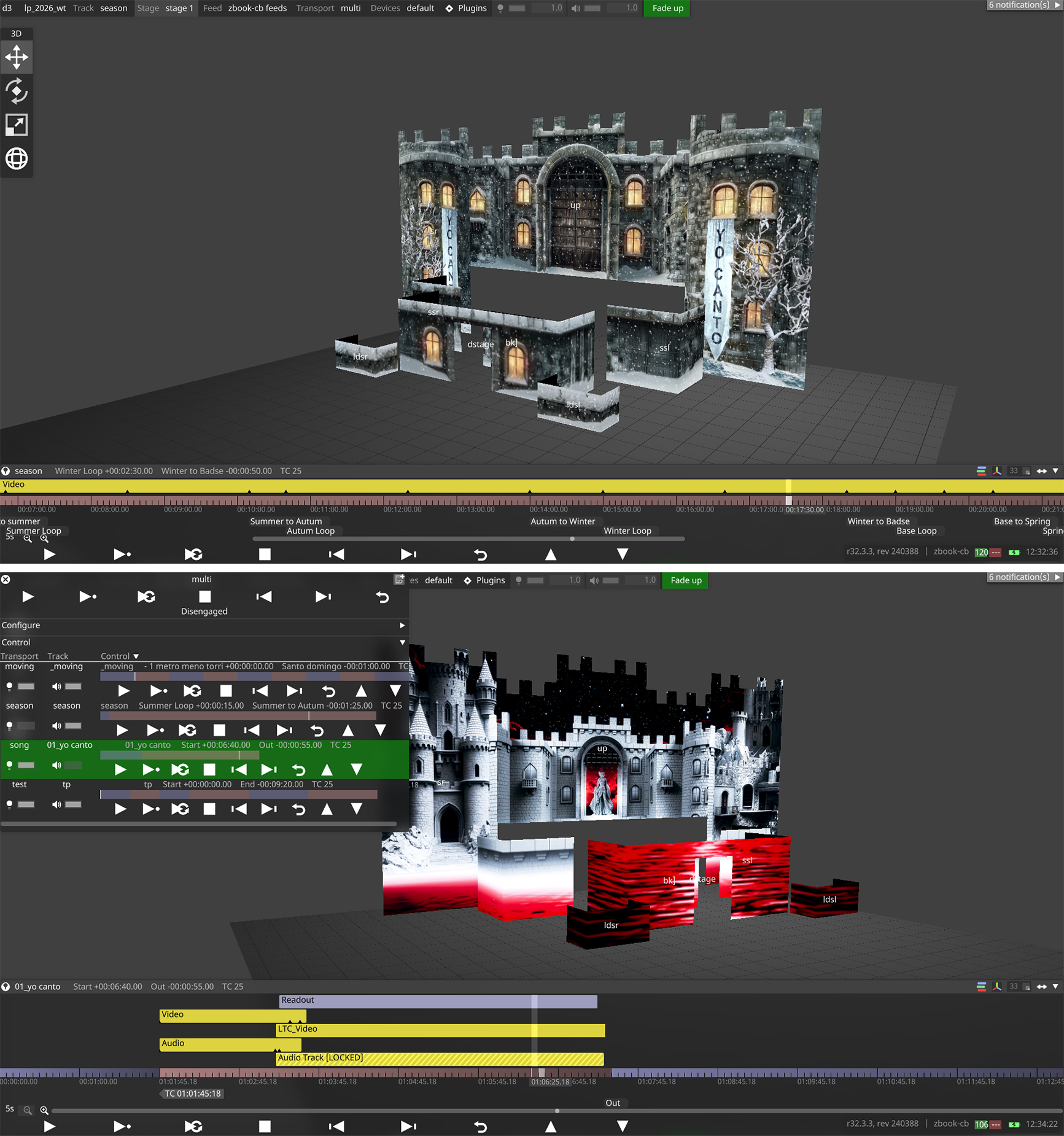 a split-screen view of a media server and 3D projection mapping software interface used for stage production