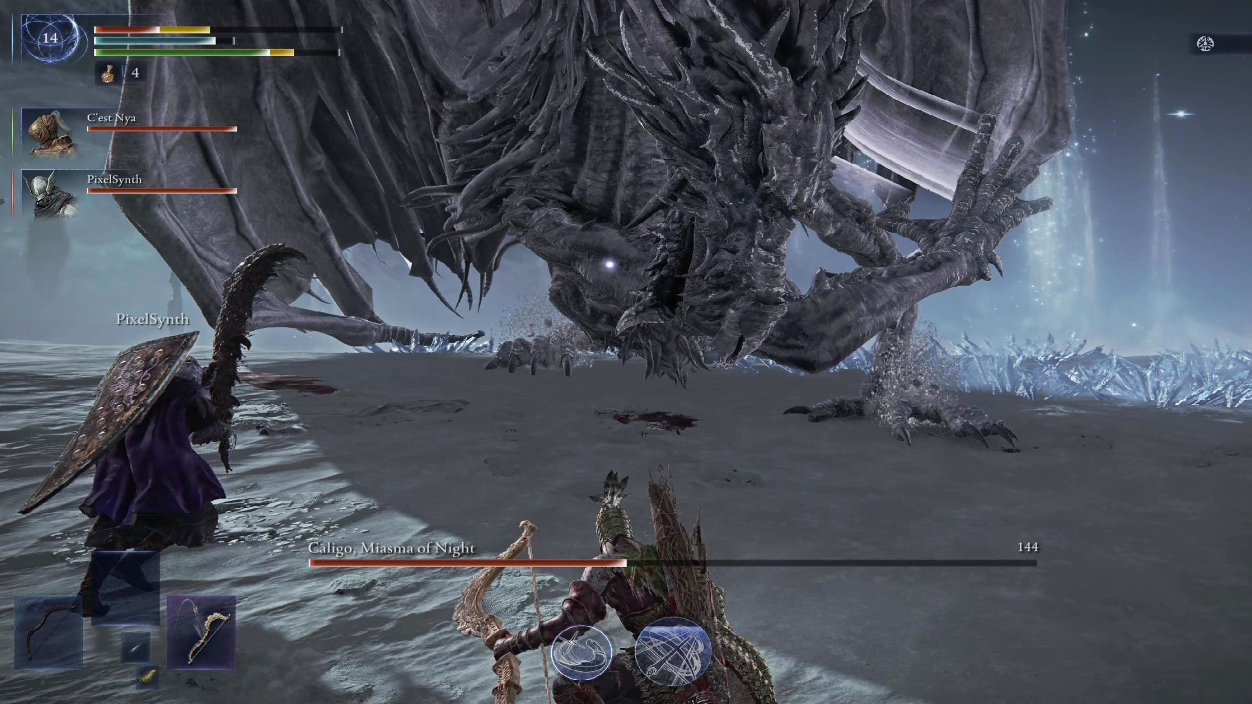 Eldon Rang Knight Tree Caligo Boss Guide: Caligo is swipes on an Iron and Wilder player to his claws.