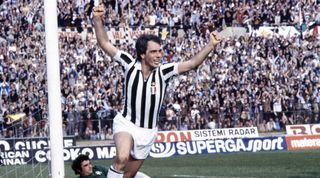 Roberto Bettega celebrates after scoring a goal for Juventus against Vicenza during the 1977/78 Serie A season.
