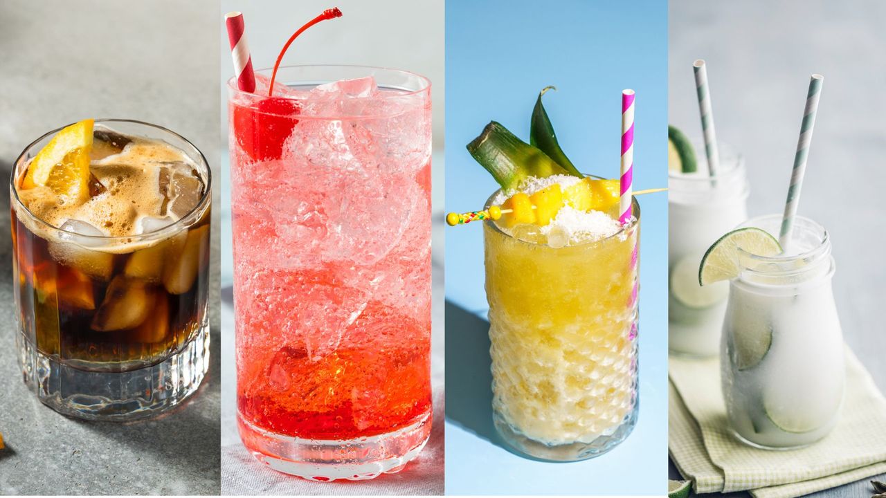 Collection of non-alcoholic cocktail alternatives, including espresso tonic, Shirley Temple, and coconut and mango slushies