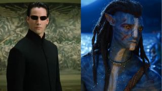 Keanu Reeves in his black coat as Neo in The Matrix Reloaded and Jake Sully's Na'vi form in Avatar: The Way of Water, pictured side-by-side. 