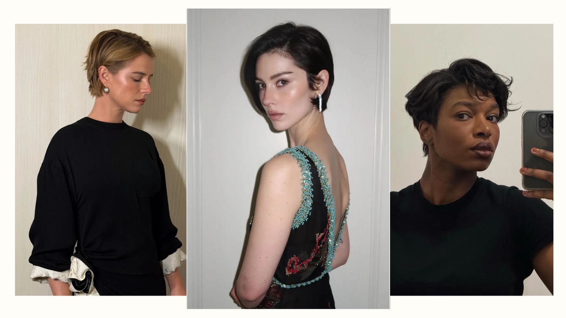 A collage of tucked pixie hairstyles on Jessie Buckley, Gracie Abrams and Loïcka Grâce
