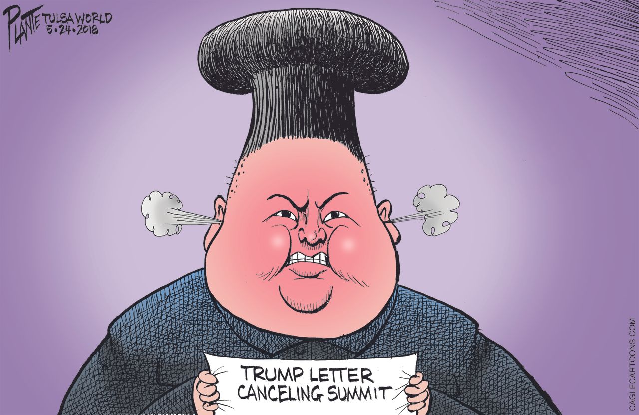 Political cartoon US North Korea Trump Kim Jong Un nuclear summit cancellation