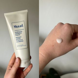 Laura holding and using Murad Soothing Oat and Peptide Cleanser - best cleanser