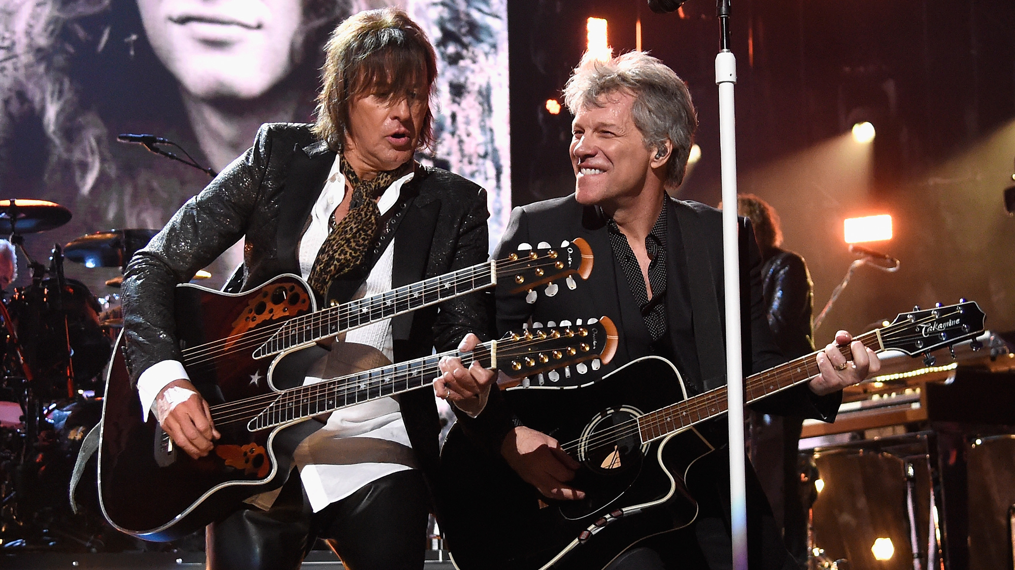 Inductees Richie Sambora and Jon Bon Jovi of Bon Jovi perform during the 33rd Annual Rock &amp;amp; Roll Hall of Fame Induction Ceremony at Public Auditorium on April 14, 2018 in Cleveland, Ohio.
