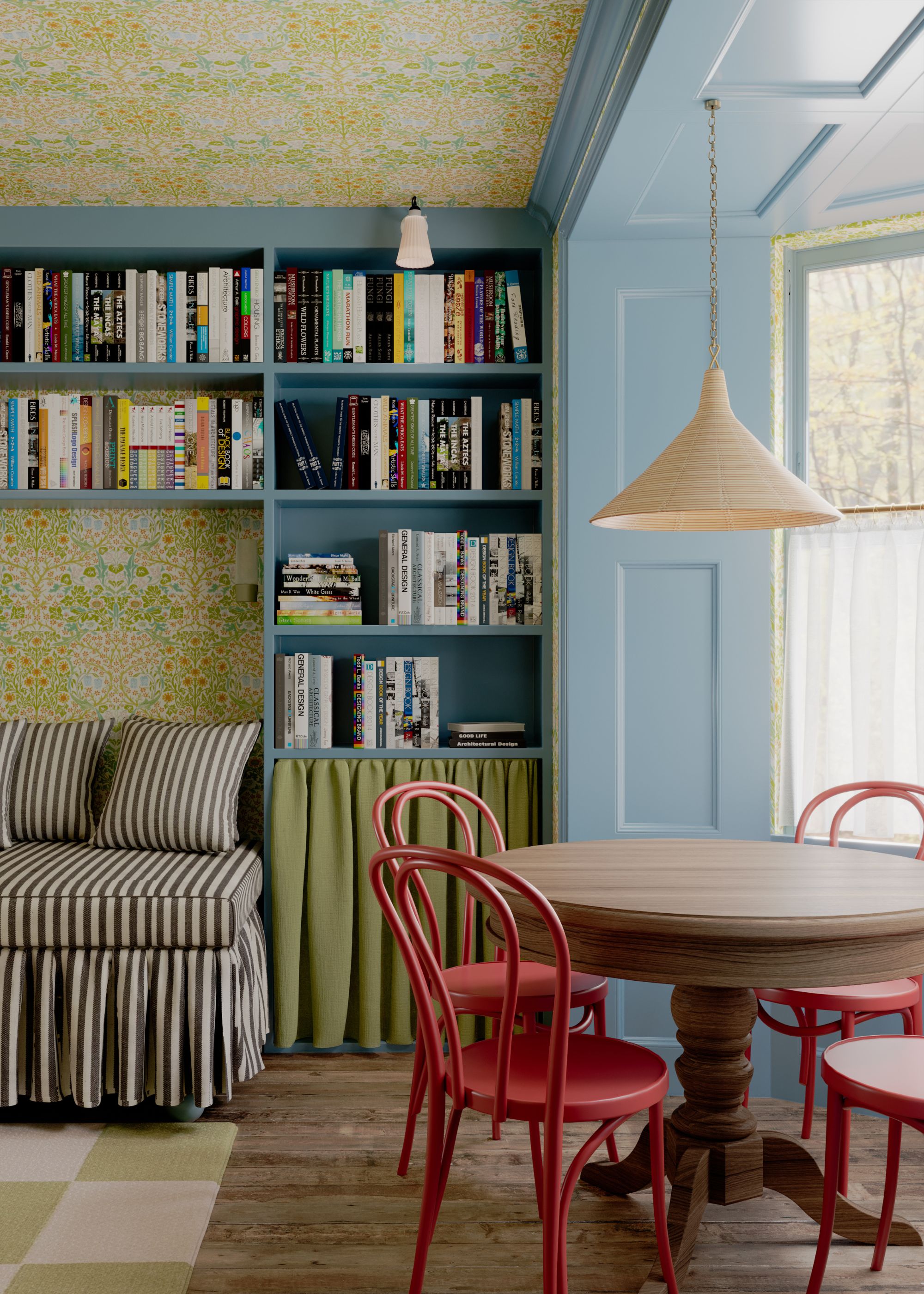 A living room with a bay window with light blue woodwork and trim, a yellow-green patterned wallpaper on the wall and ceiling, light blue built-ins, a striped sofa, and a round wooden table with four red chairs.