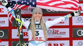 Lindsey Vonn of USA wins the bronze medal during the FIS World Ski Championships Women's Downhill on February 10, 2019 in Are Sweden