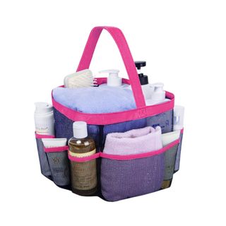 A shower caddy with toiletries in it