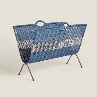 Blue and white woven magazine rack