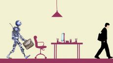 AI replacement concept image showing a male office worker walking away from desk with robot holding a briefcase walks in to take their place.