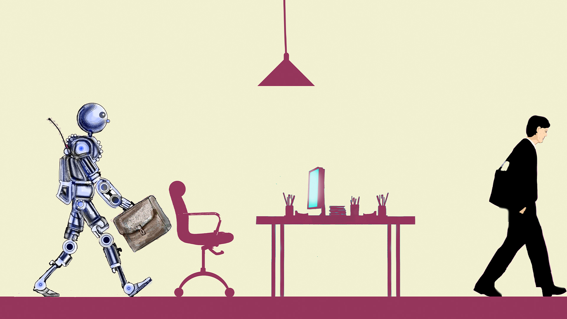 AI replacement concept image showing a male office worker walking away from desk with robot holding a briefcase walks in to take their place.