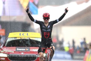 AURON, FRANCE - MARCH 15: Michael Storer of Australia and Tudor Pro Cycling Team celebrates at finish line as stage winner during the 83rd Paris - Nice 2025, Stage 7 a 109.3km stage from Nice to Auron 1603m / #UCIWT / on March 15, 2025 in Auron, France. (Photo by Dario Belingheri/Getty Images)