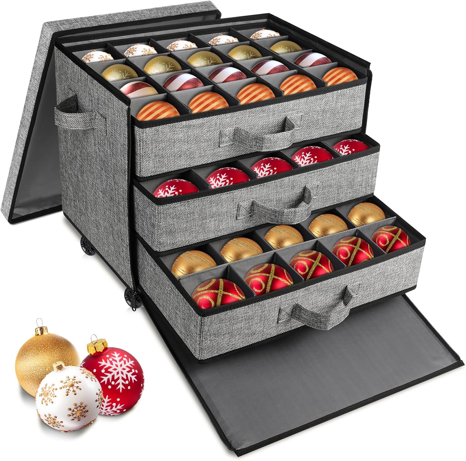 Christmas Ornament Storage Box With Wheels, Stackable Christmas Ornament Organizer With 3 Drawer Trays, Openable Ornament Organizer for Storing Christmas Decorations, Portable Christmas Ball Box
