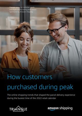 A whitepaper from Amazon Shipping on customer behaviour during peak season in retail with image of smiling colleagues on the cover