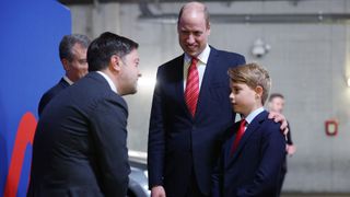 Benoit Payan, Mayor of Marseille greets Prince George and William, Prince of Wales and Patron of the Welsh Rugby Union