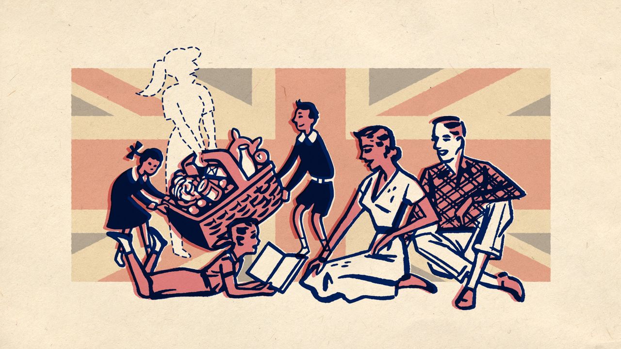 Collage of a vintage illustration of a family having a picnic. There is a cutout blank space in the shape of a young woman, carrying the picnic basket. In her absence, two small kids struggle to hold it up. In the background, there is a flag of the UK.