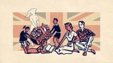 Collage of a vintage illustration of a family having a picnic. There is a cutout blank space in the shape of a young woman, carrying the picnic basket. In her absence, two small kids struggle to hold it up. In the background, there is a flag of the UK.