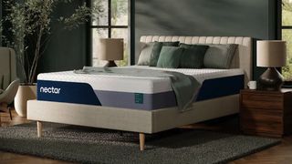 The Nectar Premier Memory Foam Mattress on a bed frame in a bedroom