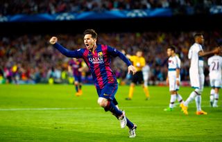 Lionel Messi celebrates after scoring for Barcelona against Bayern Munich in the Champions League semi-finals in May 2015.
