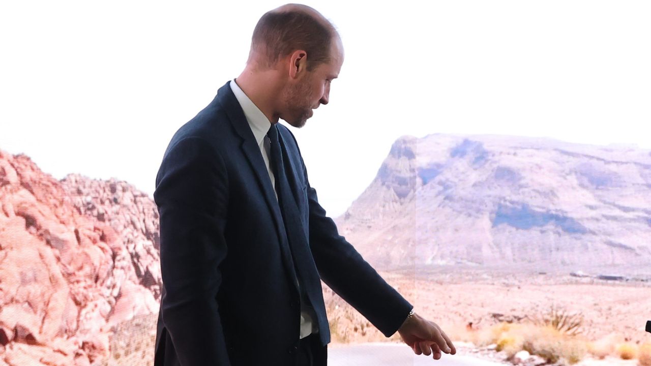 Prince William wearing a blue suit standing in front of a green screen with mountains