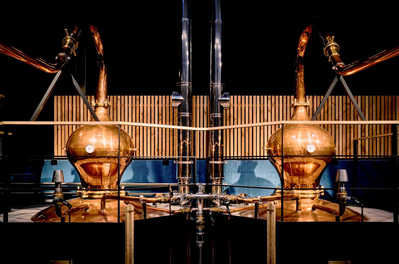 Two copper stills at Maison Lineti Distillery