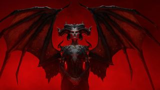 Lilith blickar nedåt mot spelaren i Diablo 4, framför en mörkröd bakgrund.