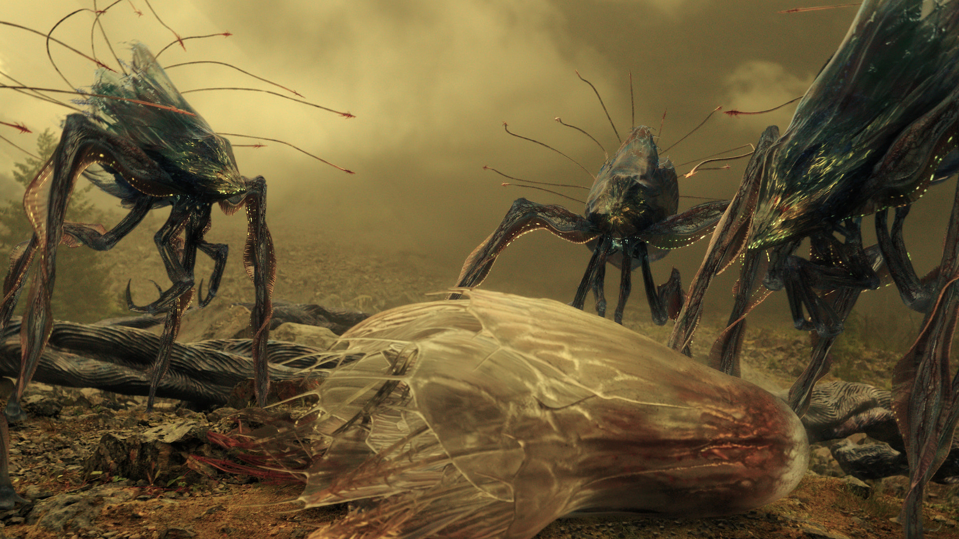 Three spider-like aliens aid an injured alien