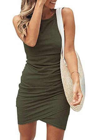 Btfbm Women 2024 Summer Sleeveless Tank Dresses Crew Neck Slim Fit Short Casual Ruched Bodycon Party Club Mini Dress(dark Green 2, Large)