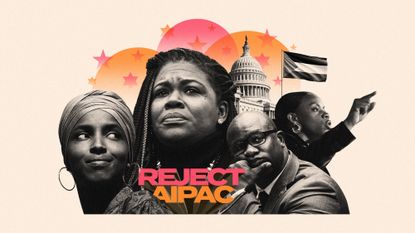 Photo composite of Summer Lee, Jamaal Bowman, Ilhan Omar and Cori Bush alongside the Reject AIPAC logo and a Palestine flag