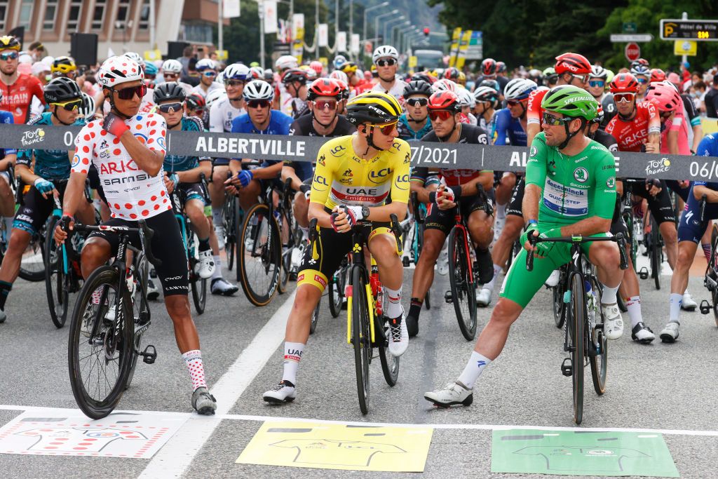 VALENCE FRANCE JULY 06 Nairo Quintana of Colombia and Team Arka Samsic Polka Dot Mountain Jersey Tadej Pogaar of Slovenia and UAETeam Emirates yellow leader jersey Mark Cavendish of The United Kingdom and Team Deceuninck QuickStep Green Points Jersey at start in Albertville City during the 108th Tour de France 2021 Stage 10 a 1907km stage from Albertville to Valence LeTour TDF2021 on July 06 2021 in Valence France Photo by Chris GraythenGetty Images