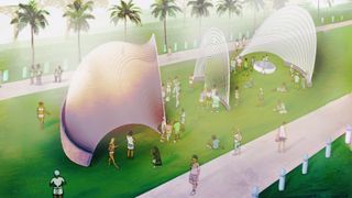 A render showing three pavilions by Ini Archibong installed among palm trees in Miami